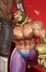 abs anthro balls bara bodily_fluids clothed clothing cum cum_in_mouth cum_inside cum_through_clothing duo erection erection_under_clothing genital_fluids genitals hi_res human hypno_eyes hypnosis king_(tekken) male male/male male_only mammal mask mind_control muscular muscular_male nipples oral pecs penis precum pubes sex tekken tenting video_games wball wet wet_clothing wrestler