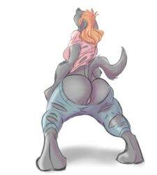 2020 anthro ass black_nose bottomwear breasts canid canine closed_eyes clothing female furry_only genitals grey_body hair koopacap mammal open_mouth pants pussy rear_view shirt solo topwear torn_bottomwear torn_clothing torn_pants transformation were werecanid werecanine werewolf