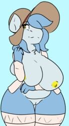 anthro big_breasts blue_body blue_fur breast_squish breasts clothed clothing equid equine exposed_breasts female fur genitals hat headgear headwear hi_res horse ineffective_clothing jacket legwear lumi_(character) mammal multicolored_body multicolored_fur overweight overweight_anthro overweight_female partially_clothed petsoftthings_(artist) pussy slight_smile solo squish sun_hat thick_thighs thigh_highs topwear two_tone_body two_tone_fur yellow_body yellow_eyes yellow_skin