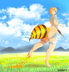 2017 antennae_(anatomy) arthropod arthropod_abdomen barefoot bee breasts clenched_teeth clothing cloud day female flower genitals hirt honey_(disambiguation) human hymenopteran insects koopacap looking_back mammal mid_transformation multi_arm multi_limb on_one_leg open_mouth outside plant pussy solo standing teeth torn_clothing transformation