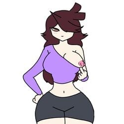 1girls animated big_breasts brown_hair carliabot female female_only jaiden jaiden_animations jaidenanimations large_breasts long_hair nipple_slip pink_nipples purple_shirt shorts solo teasing thick_thighs white_skin wide_hips youtube youtuber