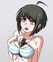 ahoge big_breasts blush blushing bra breasts cleavage danganronpa danganronpa_ultra_despair_girls embarrassed large_breasts monokuma naegi_komaru nuenya panties straight_hair underwear underwear_only