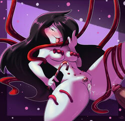 1girls adventure_time black_hair blush candy christmas covered_nipples cum cum_in_pussy cum_inside cum_trail female female_only hair_over_one_eye highres lewdloaf licking long_hair looking_at_viewer marceline middle_finger nude nude_female pale-skinned_female pale_skin penis pussy small_breasts solo solo_female thick_thighs vampire