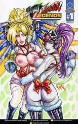 2girls ass assassin blizzard_entertainment breasts christmas commission crossover legs light-skinned_female light_skin looking_at_viewer looking_back medium_breasts mercy mostly_nude multiple_girls nipples overwatch partially_clothed purple_skin street_fighter thigh_highs thighhighs thighs topless topless_female voluptuous w-arting white_body widowmaker