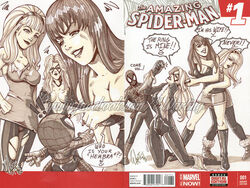 1boy 3girls athletic athletic_female black_cat_(marvel) canon_couple catfight clothing comic comic_cover commission dialogue felicia_hardy fight gwen_stacy gwen_stacy_(classic) hairband marvel marvel_comics mary_jane_watson outfit parody peter_parker ripped_clothing speech_bubble spider-man spider-man_(series) straight_hair voluptuous w-arting waist