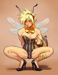 1boy ambush_(trap) antennae arthropod_abdomen bee bee_boy bee_costume blonde_hair blue_eyes blush bulge clothing_pull cloud_strife crossdressing embarrassed femboy final_fantasy final_fantasy_vii girly heels high_heels highres honeybee_inn_uniform looking_away male male_only neck_tuft nipples ribbon ripushko simple_background solo solo_male square_enix squatting trap wings