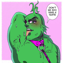 armpit armpits bara bondage christmas collar dr_seuss green_eyes green_fur grinch hairy_armpits hands_behind_head how_the_grinch_stole_christmas inviting_to_sex jojo_reference leash leash_and_collar licking licking_armpit lovelabproductions male male_only monster muscles pink_background pits smirk submissive submissive_male sweat sweatdrops sweating sweaty tongue_out what white_frame