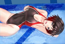 black_hair busty curvy fuzzlogik hand_on_breast one-piece_swimsuit red_hair ruby_rose rwby silver_eyes solo solo_female sport_swimsuit swimming_pool swimsuit two_tone_hair