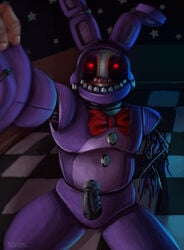 animatronic anthro bodily_fluids bonnie_(fnaf) bow_tie button_(fastener) cum duo exposed_endoskeleton five_nights_at_freddy's five_nights_at_freddy's_2 genital_fluids genitals hand_holding human humanoid lagomorph leporid long_ears looking_at_viewer machine male male_only mammal martiigr5 metal_penis multicolored_body offscreen_character penis purple_body rabbit red_eyes robot sitting solo_focus video_games wire withered_bonnie