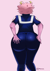 1girls ass ass_grab big_ass blue_pants blue_shirt clothed clothes clothing female female_only gym_uniform hand_on_ass horns jmvmaa mina_ashido my_hero_academia nonude pants pink_hair pink_skin shirt short_sleeves solo solo_female thick_thighs thighs uniform