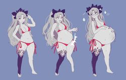 10pm 1girls belly_expansion big_belly bikini blonde_hair blush breasts cleavage earrings embarrassed ereshkigal_(fate) fate/grand_order fate_(series) female female_only hand_on_belly large_breasts long_hair navel outie_navel pregnant rapid_pregnancy red_eyes single_thighhigh solo surprised thick_thighs