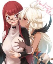 2girls atlus big_breasts blush breast_grab breasts crossover embarrassed female female_only fully_clothed grabbing_breasts grabbing_from_behind granblue_fantasy groping interracial_yuri kasumi_yoshizawa kiss_mark kissing_cheek kurosususu long_hair persona persona_5 persona_5_royal red_eyes red_hair sega sumire_yoshizawa undressing white_hair yuri zooey_(granblue_fantasy)