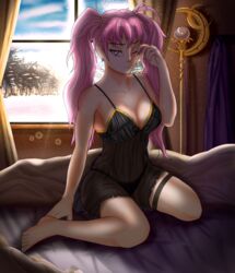 1girls bed cleavage doctorarcfire doctorarcire fire_emblem fire_emblem:_the_blazing_blade indoors lingerie nintendo on_bed one_eye_closed pink_eyes pink_hair see-through see-through_clothing serra_(fire_emblem) snow solo_female staff twintails underwear waking_up window winter