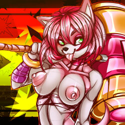 1:1 2016 amy_rose amy_rose_(boom) anthro areola big_breasts breasts clothed clothing crystal-for-ever erect_nipples eulipotyphlan female hammer hedgehog hi_res mammal melee_weapon nipples piko_piko_hammer solo sonic_(series) sonic_boom sonic_the_hedgehog_(series) tools topless weapon