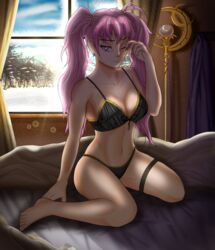 1girls bed cleavage doctorarcfire doctorarcire fire_emblem fire_emblem:_the_blazing_blade indoors lingerie nintendo on_bed one_eye_closed pink_eyes pink_hair serra_(fire_emblem) snow solo_female staff twintails underwear waking_up window winter