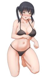 1girls alternate_version_available bare_legs bare_shoulders barefoot bikini bikini_bottom bikini_top black_bikini black_bikini_bottom black_bikini_top black_hair blush breast_press breasts cleavage clothed enen_no_shouboutai female_only fire_force hourglass_figure kotatsu_tamaki large_breasts long_hair looking_at_viewer navel open_mouth parted_lips plain_background pose sarhce solo solo_female squatting stomach teenager thick_thighs thighs twintails white_background wide_hips yellow_eyes