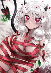 1girls breasts christmas christmas_present female female_only functionally_nude gift gift_wrapped haraya heart-shaped_pupils heart_eyes helltaker horns large_breasts medium_hair mistletoe modeus_(helltaker) straight_hair tail thick_thighs white_hair wrappings