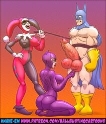 1boy 2girls ballbusting batman batman_(series) bodysuit boots bruce_wayne catsuit catwoman cbt clothed_female_nude_male cock_and_ball_torture dc dc_comics female femdom harley_quinn harley_quinn_(classic) high_heel_boots huge_cock knave lipstick male multiple_girls naked_male penis selina_kyle tease_and_denial teasing