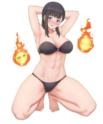 1girls alternate_version_available armpits bare_legs bare_shoulders barefoot bikini bikini_bottom bikini_top black_bikini black_bikini_bottom black_bikini_top black_hair blush breasts cleavage clothed enen_no_shouboutai female_only fire fire_force hands_behind_head large_breasts long_hair looking_to_the_side muscular_female open_mouth oze_maki parted_lips plain_background pose purple_eyes sarhce solo solo_female squatting thick_thighs thighs tied_hair toned_female white_background