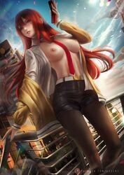 1girls axsens bangs blue_eyes breasts breasts_out cellphone city clothed clothing guard_rail holding_cellphone holding_object jacket long_hair looking_at_viewer makise_kurisu medium_breasts necktie nipples open_shirt red_hair shirt shorts solo solo_female solo_focus steins;gate tight_shorts tights