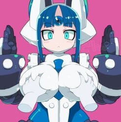 1girls animated aqua_eyes bangs blue_hair blunt_bangs blush breast_grab breast_massage breasts closed_mouth disembodied disembodied_limb disgaea disgaea_6 eyebrows_visible_through_hair female frown grabbing groping hands_up huge_breasts mecha_girl_(disgaea_6) mecha_musume nippon_ichi_software no_sound pink_background robot_girl robot_humanoid short_hair shorter_than_10_seconds shorter_than_30_seconds simple_background solo tagme ugoira video webm zankuro