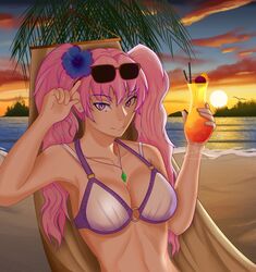 1girls background beach bikini doctorarcfire earrings fire_emblem fire_emblem:_the_blazing_blade holding_drink looking_at_viewer necklace_between_breasts nintendo o-ring o-ring_bikini ocean pink_hair serra_(fire_emblem) smile solo_female sunglasses sunglasses_on_head sunset swimsuit twintails