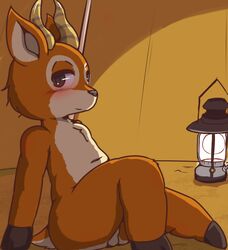 animal_crossing anthro balls beau_(animal_crossing) blush camping cervid genitals hi_res hooves horn lantern looking_at_viewer male male_only mammal nintendo nude rige21 solo tent video_games