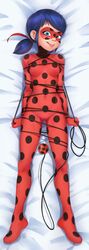 1girls 2010s 2019 bed bodysuit bondage dakimakura_design female female_focus female_only heightes ladybug_(character) marinette_cheng marinette_dupain-cheng miraculous_ladybug solo