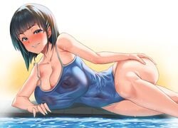 1girls black_hair blue_eyes blush huge_breasts kirigaya_suguha large_breasts looking_at_viewer mm_(yoromu) nipples_visible_through_clothing one-piece_swimsuit see-through see-through_clothing short_hair smile smug swimsuit sword_art_online thick_thighs wet wet_clothes