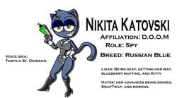 anthro black_boots blue_fur boots breasts dark_blue_fur fan_character fangs feline feline female female_only gold_eyes hand_on_hip holding_weapon looking_at_viewer montatora-501 nickelodeon nikita_katovski_(montatora-501) omegusmaximus original_character raised_eyebrow ray_gun smile t.u.f.f._puppy tail weapon whiskers yellow_eyes