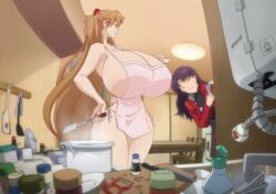 2021 2girls accurate_art_style amazon apron asuka_langley_sohryu black_hair breasts breasts_bigger_than_head cleavage clothing color cooking edit female female_only gigantic_breasts hand_on_hip hand_on_own_hip huge_breasts human indoors kitchen large_breasts light-skinned_female light_skin long_hair misato_katsuragi n647 naked naked_apron neon_genesis_evangelion orange_hair purple_hair rebuild_of_evangelion redraw screenshot_edit size_difference smile smirk taller_girl thick_thighs thin_waist very_long_hair voluptuous wasp_waist wide_hips