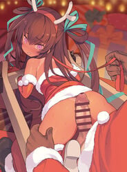 1boy antlers ass bar_censor bare_shoulders blade_(galaxist) blush boots bound bound_wrists brown_hair censored christmas commentary_request dress elbow_gloves eyebrows_visible_through_hair female from_behind fur_trim gift gloves hair_ribbon imminent_sex leg_grab long_hair looking_back mizuki_yukikaze penis purple_eyes red_dress red_gloves reindeer_antlers ribbon santa_costume shoes solo_focus straight sweat taimanin_(series) taimanin_yukikaze tan tanline tears