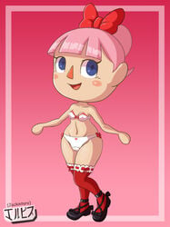 1girls 2020 alternate_version_available animal_crossing animal_crossing_girl blue_eyes bow breasts fanart female female_only jackintaro joy_(jackintaro) light-skinned_female light_skin looking_at_viewer nintendo pink_hair ponytail red_bow solo stockings tied_hair underwear villager_(animal_crossing)