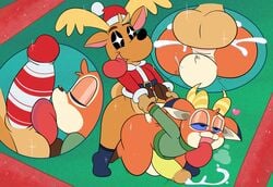 anal animal_crossing anthro anthro_on_anthro ass balls beau_(animal_crossing) big_balls big_butt big_penis black_sclera blue_sclera blush bodily_fluids bottomless brown_body brown_fur cervid christmas closed_eyes clothed clothing cum cum_in_ass cum_inside cum_while_penetrated cutaway fur gay genital_fluids genitals half-closed_eyes heart hi_res holidays hooves horn jingle_(animal_crossing) licking long_tongue looking_pleasured male male/male mammal narrowed_eyes nintendo oral orange_body orange_fur orgasm_face penetration penile penis penis_lick prison_guard_position psyredtails sex sweater thick_thighs tongue tongue_out topwear video_games