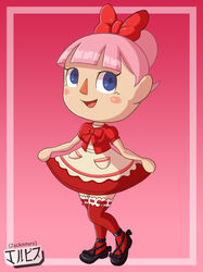 1girls 2020 alternate_version_available animal_crossing animal_crossing_girl blue_eyes bow breasts dress fanart female female_only jackintaro joy_(jackintaro) light-skinned_female light_skin looking_at_viewer nintendo pink_hair ponytail red_bow solo stockings tied_hair villager_(animal_crossing)