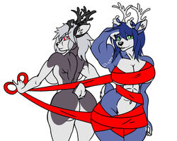 2020 2girls abs alternate_species anthro antlers black_nose blue_hair capreoline cervid christmas crossover duo female fur green_eyes grey_body grey_fur hair helluva_boss horns inner_ear_fluff krystal loona_(helluva_boss) mammal markings multicolored_body multicolored_fur muscular muscular_anthro muscular_female navel nintendo oleanderin red_sclera reindeer ribbons scut_tail star_fox tattoo tuft video_games vivienne_medrano white_body white_eyes white_fur white_hair white_inner_ear