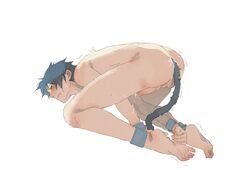 1boy after_anal after_sex anal_insertion animal_tail ass bent_over blue_hair cat_tail cuffs cum cum_in_ass cum_inside cum_on_penis cumdrip fake_tail kneeling long_hair male male_only naked naruto naruto_(series) naruto_shippuden sasuke_uchiha tail tail_plug testicles tied_up trembling