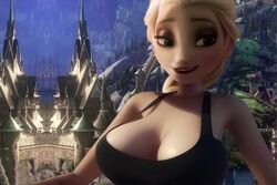 big_breasts black_bra blonde_hair castle cleavage disney elsa_(frozen) eyelashes frozen_(film) green_eyes large_breasts lipstick purple_eyeshadow rastifan