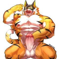 1boy abs anon_1015 anthro bara biceps erection felid flexing furry furry_only gay genitals highres licking licking_lips live-a-hero looking_at_viewer male mammal mask muscular muscular_anthro muscular_male nipples nude pantherine pecs penis ryekie_(live_a_hero) solo superhero testicles tiger tongue tongue_out vein veiny_penis