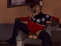 anthro balls blackbear candy candy_cane dessert erection food furry_only genitals humanoid_genitalia humanoid_penis hyaenid looking_at_viewer male male_only mammal penis solo spotted_hyena tyler_(blackbear)