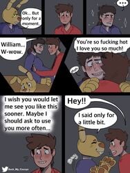 blush comic dave_miller five_nights_at_freddy's fnaf gay hugging long_hair male_only scott_fnaf speech_bubble suckmycoccyx text text_bubble william_afton