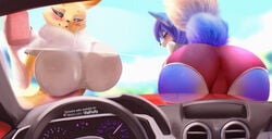 2020 absurd_res anthro ass big_breasts big_butt blue_body blue_fur blue_hair blush breast_squish breasts canid canine car car_wash cleaning crossover digimon digimon_(species) english_text female fluffy fluffy_tail fox fur furry hair hi_res krystal looking_at_viewer looking_back mammal nintendo renamon smile sponge squish star_fox text v-tal vehicle video_games windshield yellow_body yellow_fur