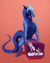 anthro_on_inanimate blue_body blue_scales blue_tail bodily_fluids claws cum cum_in_object cum_pool cumshot digitigrade dragon ejaculation feral furniture genital_fluids genitals hi_res holding_object horn inanimate_object male object_penetration pawsmasher penis pink_body scales smoke smoke_from_nose solo stool tapering_penis teeth