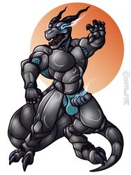 3:4 absurd_res anthro armor balls genitals glowing glowing_eyes hi_res horn lizard male metal metal_teeth metallic_body muscular muscular_anthro muscular_male penis rangstrom reptile ribbed_penis scalie solo v-i-e warforged