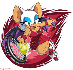 bat bat_wings blue_eyeshadow fangs green_eyes omegasunburst red_fingernails rouge_the_bat shortstack sonic_(series) tan_skin tennis tennis_ball tennis_racket tennis_uniform white_hair
