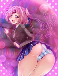 1girls ass back_view bare_legs blue_skirt blush bookshelf bubble_butt clothed doki_doki_literature_club eyebrows_visible_through_hair female_only flat_chest hair_ribbon hairclip hourglass_figure large_ass natsuki_(doki_doki_literature_club) nexus_avelon oerba_yun_fang open_mouth panties petite pink_eyes pink_hair presenting presenting_hindquarters pussy_visible_through_clothes school_uniform schoolgirl shimapan short_hair short_skirt skirt small_breasts solo solo_female striped_panties tatigami text thick_ass thick_thighs thighs thin_arms tied_hair upskirt