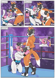 1boy 1girls absurd_res anthro black_boxing_gloves black_boxing_headgear black_gloves blood blush bodily_fluids boots boxing boxing_gloves boxing_headgear boxing_ring breasts bruised canid canine clothing crotchless_clothing cum cum_on_face cumshot dcheese defeated digital_media_(artwork) domestic_cat duo ejaculation erection felid feline felis fellatio female fight fighting_ring footwear fox genital_fluids genitals gloves handwear headgear hi_res koc looking_pleasured male mammal mixed_boxing mouthguard nipples nosebleed oral oral_penetration penetration penile penis pink_boxing_gloves pink_boxing_headgear pink_gloves punch pussy sex simple_background sport straight text thong underwear