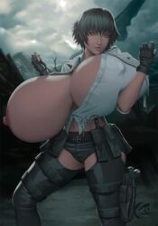 alternate_breast_size big_breasts big_nipples button_down_shirt devil_may_cry gloves hyper_breasts lady_(devil_may_cry) looking_at_viewer mangrowing nipples_visible_through_clothing one_breast_out short_hair smile solo solo_female thick_thighs top_heavy utility_belt