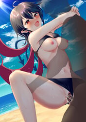 1boy asymmetrical_wings bar_censor beach bikini bikini_aside bikini_lift black_bikini black_hair blush breasts censored commentary_request cum cum_in_pussy cum_inside day ejaculation exhibitionism female female_orgasm heart heart-shaped_pupils highres holding_leg kisamu_(ksmz) leg_up legs long_hair medium_breasts midriff moaning navel nipples nue_houjuu ocean oerba_yun_fang open_mouth orgasm outdoors penis pussy pussy_juice red_eyes sex solo_focus straight swimsuit symbol-shaped_pupils thighs touhou vaginal_penetration wings