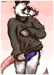 anthro barry_the_possum blush bottomwear bulge clothed clothing didelphid erection erection_under_clothing eyewear furry_only glasses hi_res male male_only mammal marsupial partially_clothed partially_clothed_male solo sweater topwear trashtail turtleneck underwear virginia_opossum